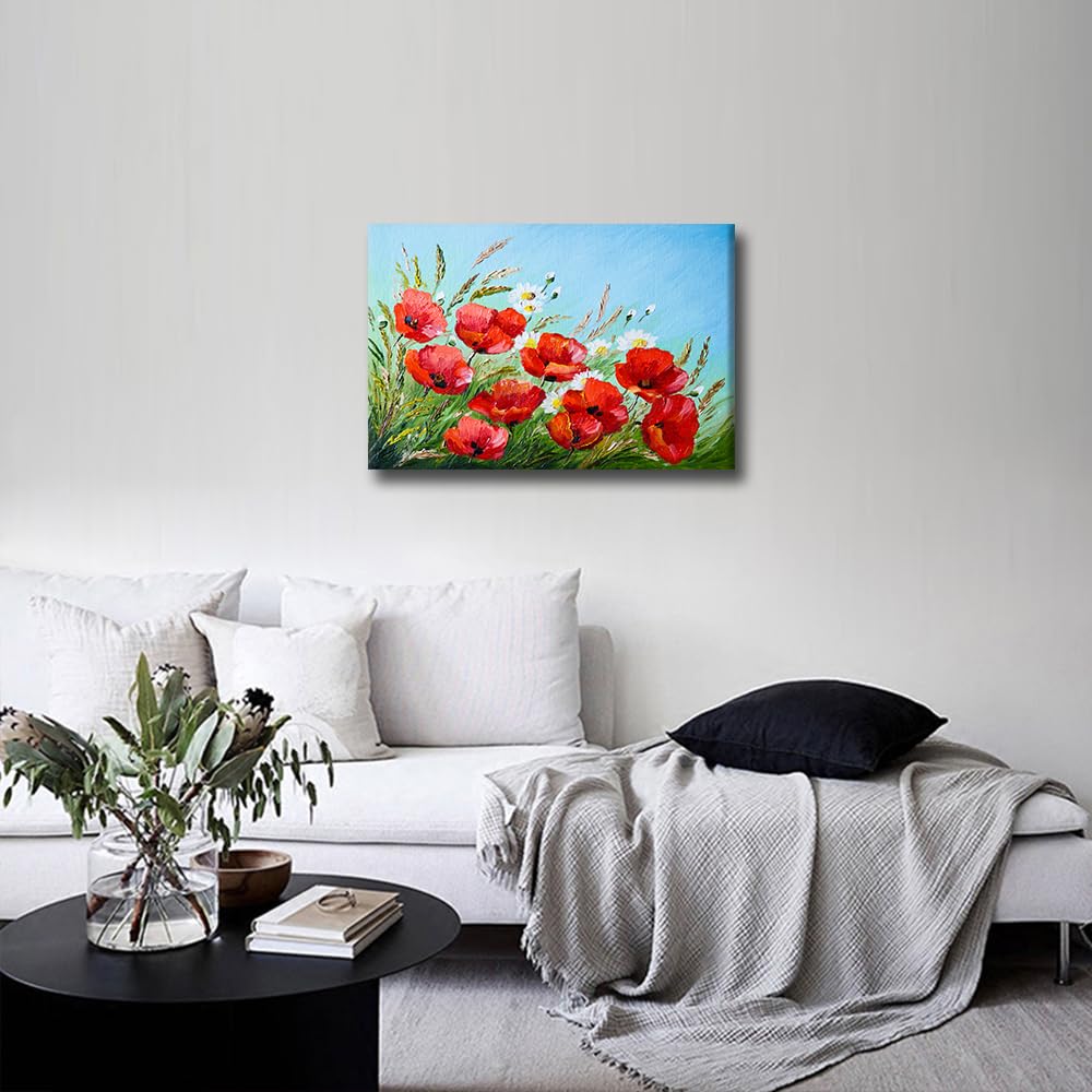Canvas Wall art Flowers Oil Painting Prints Red Poppies in the Field Painting Flower Wall Art Artwork for Bathroom Bedroom Living Room Home Decoration Framed Ready to Hang 12x18 in - Image 3