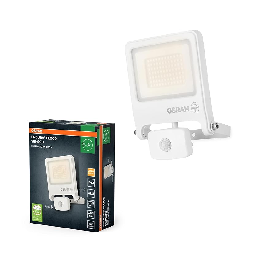 OSRAM Proiettore LED ENDURA FLOOD PC 50W con sensore, bianco caldo 3000K, 5000 lumen, rilevatore PIR IP44, funzione crepuscolare 2-1000 lux