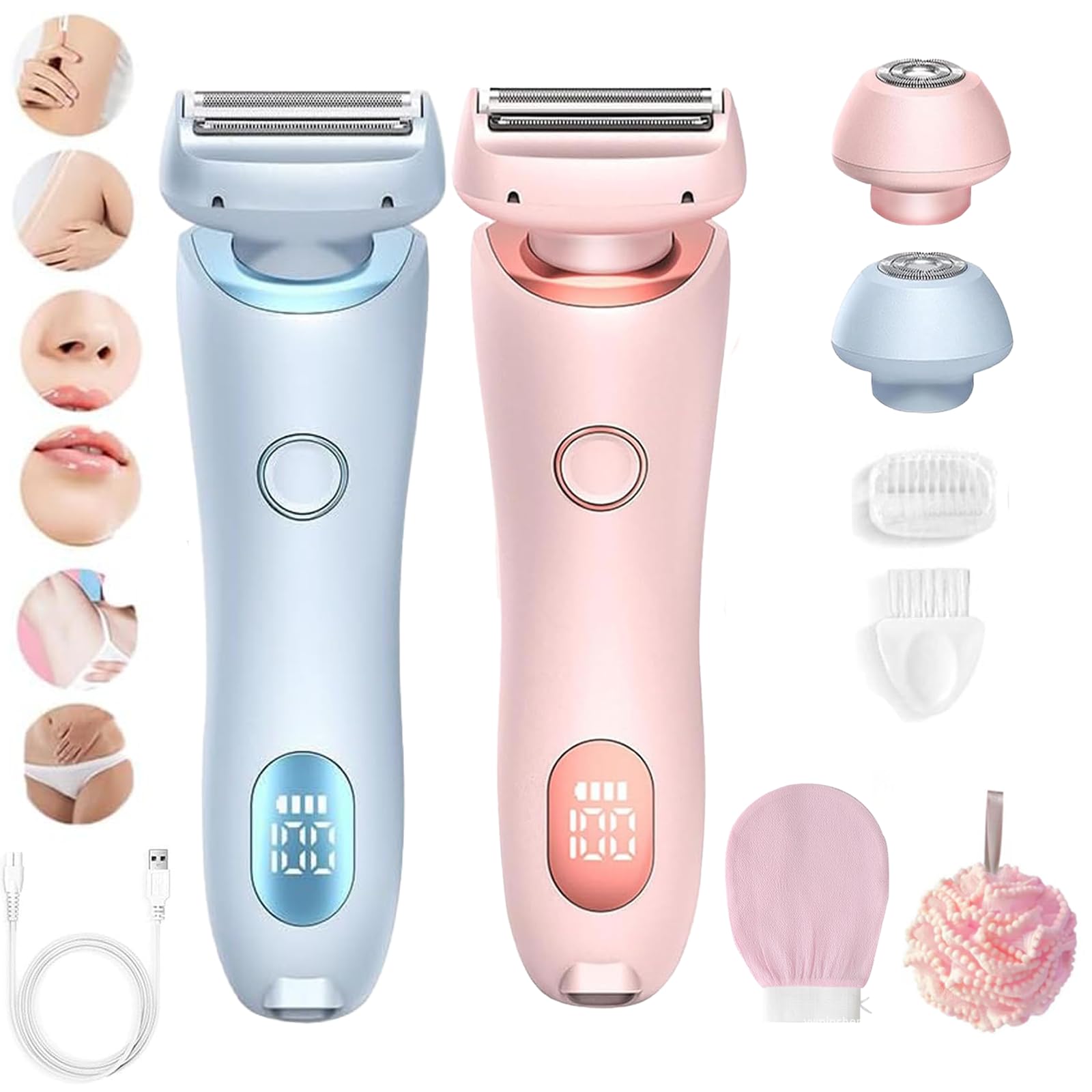 Boulina Rasierer Damen, Glisse Pro Rasierer, Bikini Trimmer Elektrisch Intimbereich mit LED-Anzeige, IPX7 2 en 1 Wasserdichter Nass- und Trockenrasierer für Achseln, Beine und Bikinizone (Rosa+Blau)