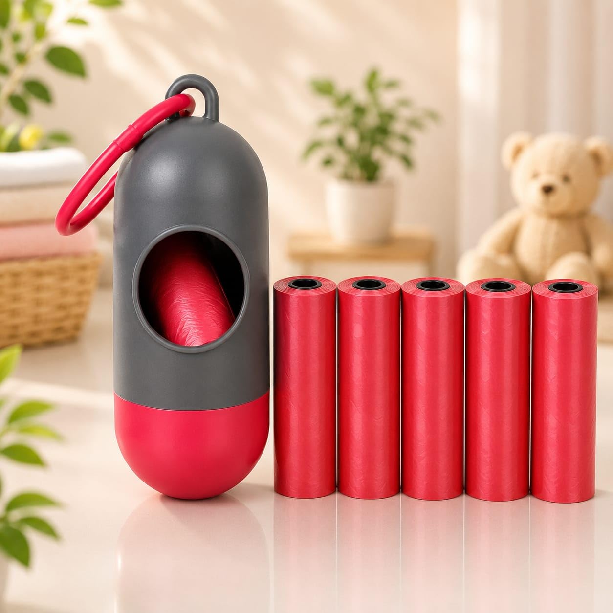 JOY BUZZ Baby Diaper Disposal Bag Dispenser with 5 Refill Rolls | Portable Diaper Bag Holder with Clip | Leak Resistant | Travel friendly | Blue (Red)-image-1