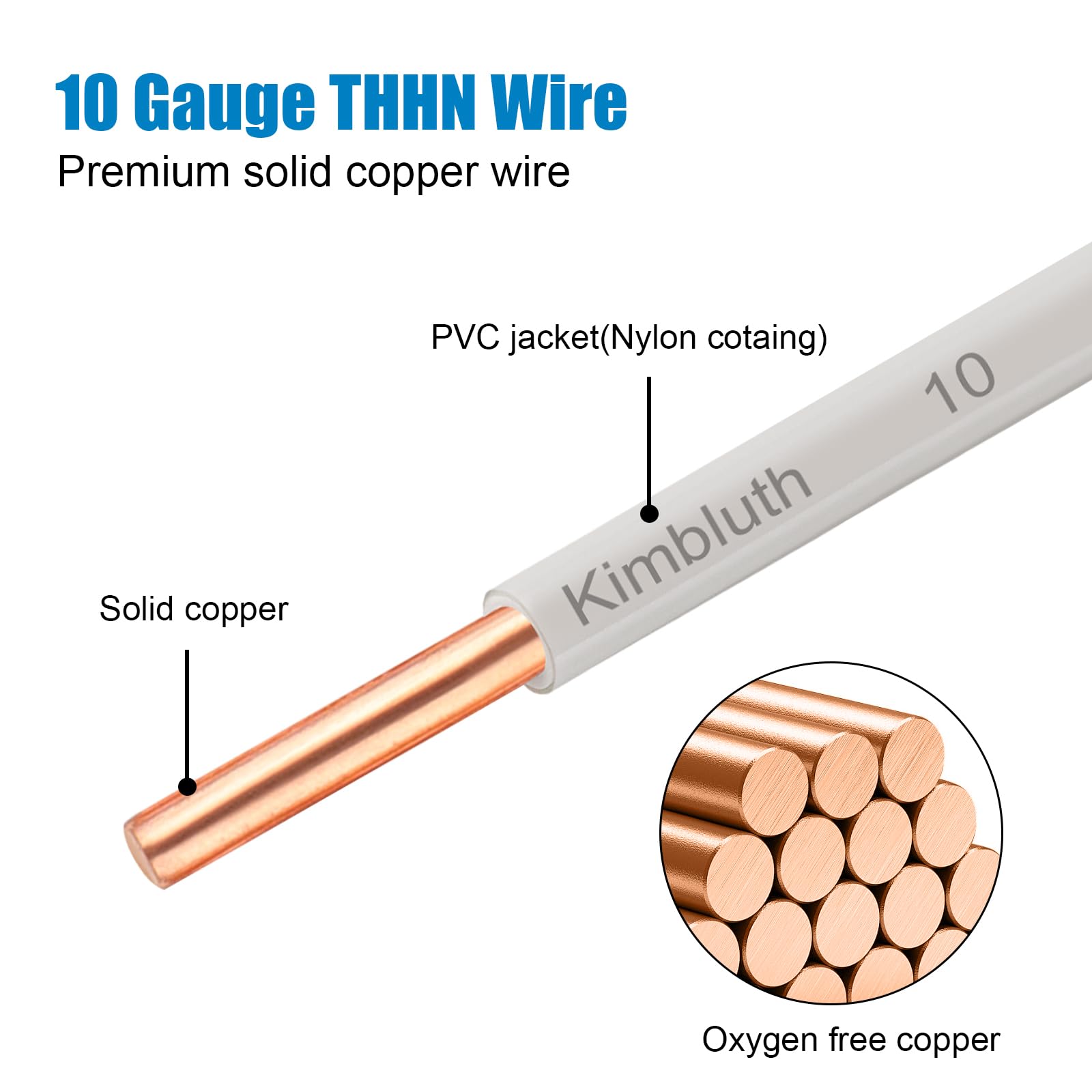 THHN Wire 10 Gauge 50 FT OFC Electrical Wire, 10 AWG Solid Copper Wire Rated up to 600V Building Wire Nylon Jacket for Residential, CNC, Ground, Industrial (10 Gauge, White)