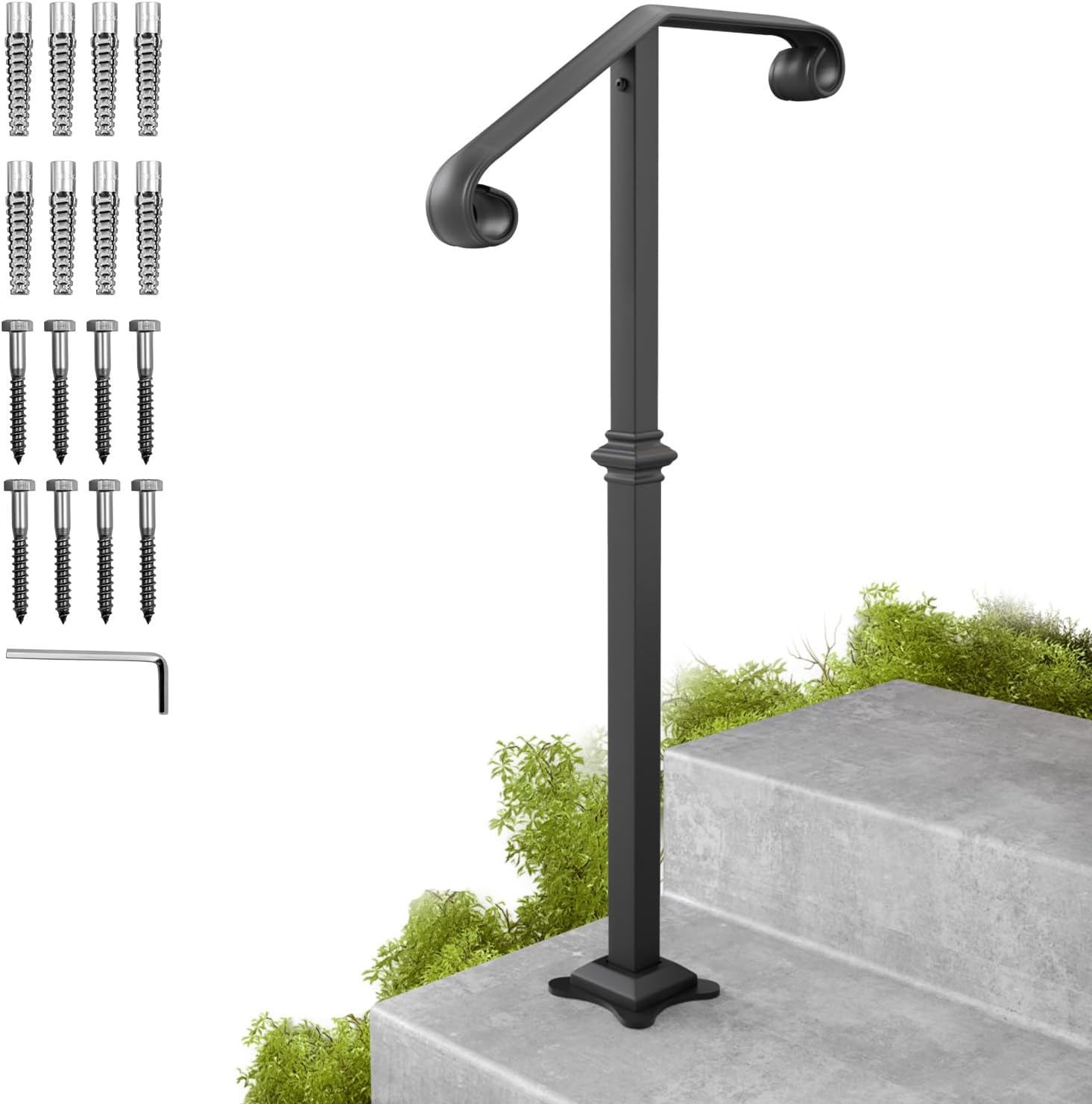 SPACEEUP handrails for Outdoor Steps Single Post handrail Black Step Handrail Stair Railing Fit for 1-2 Steps Wrought Iron Handrail Grab Rail Single Post Railing Kit with Base Plate 38.8"X20.5"