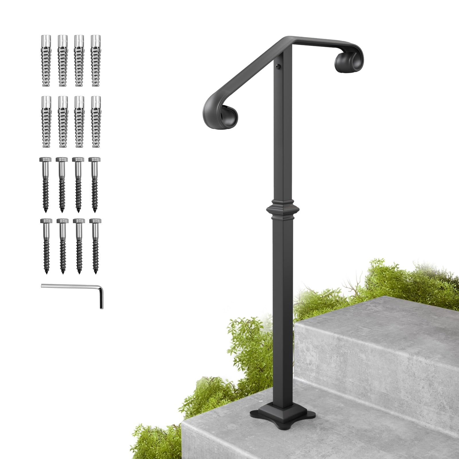 SPACEUP Handrail 38.8"X17.5" Black Single Post Handrail Detachable Single Post Stair Railing 1-2 Steps Wrought Iron Handrail Grab Rail Single Post Railing Kit with Base Plate