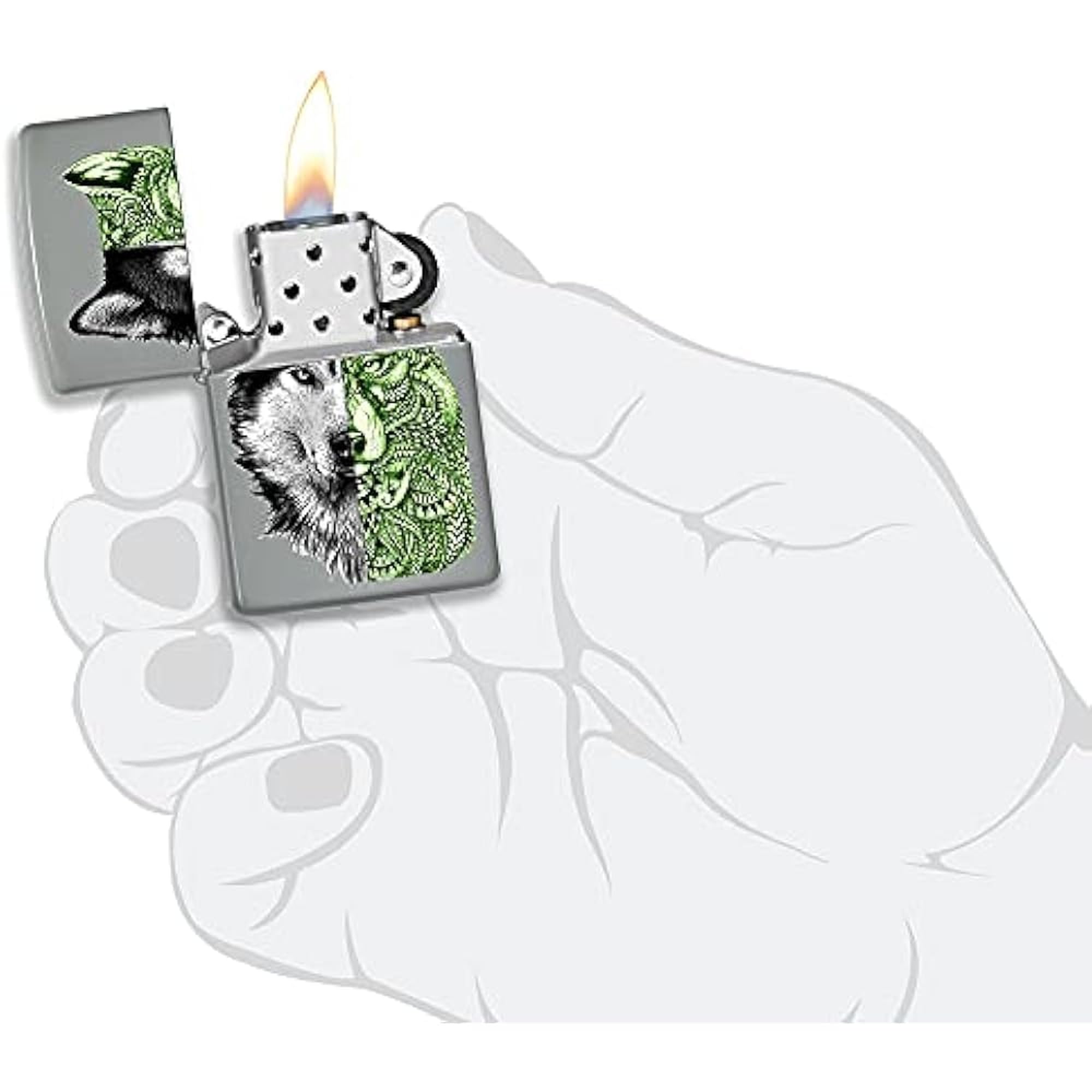 Zippo Briquet Tempête - Modèle Tattoo Wolf avec Color Image - Finition Grise Mate - Rechargeable - Réutilisable - Design Coupe-Vent - Coffret Cadeau - Fabriqué aux États-Unis