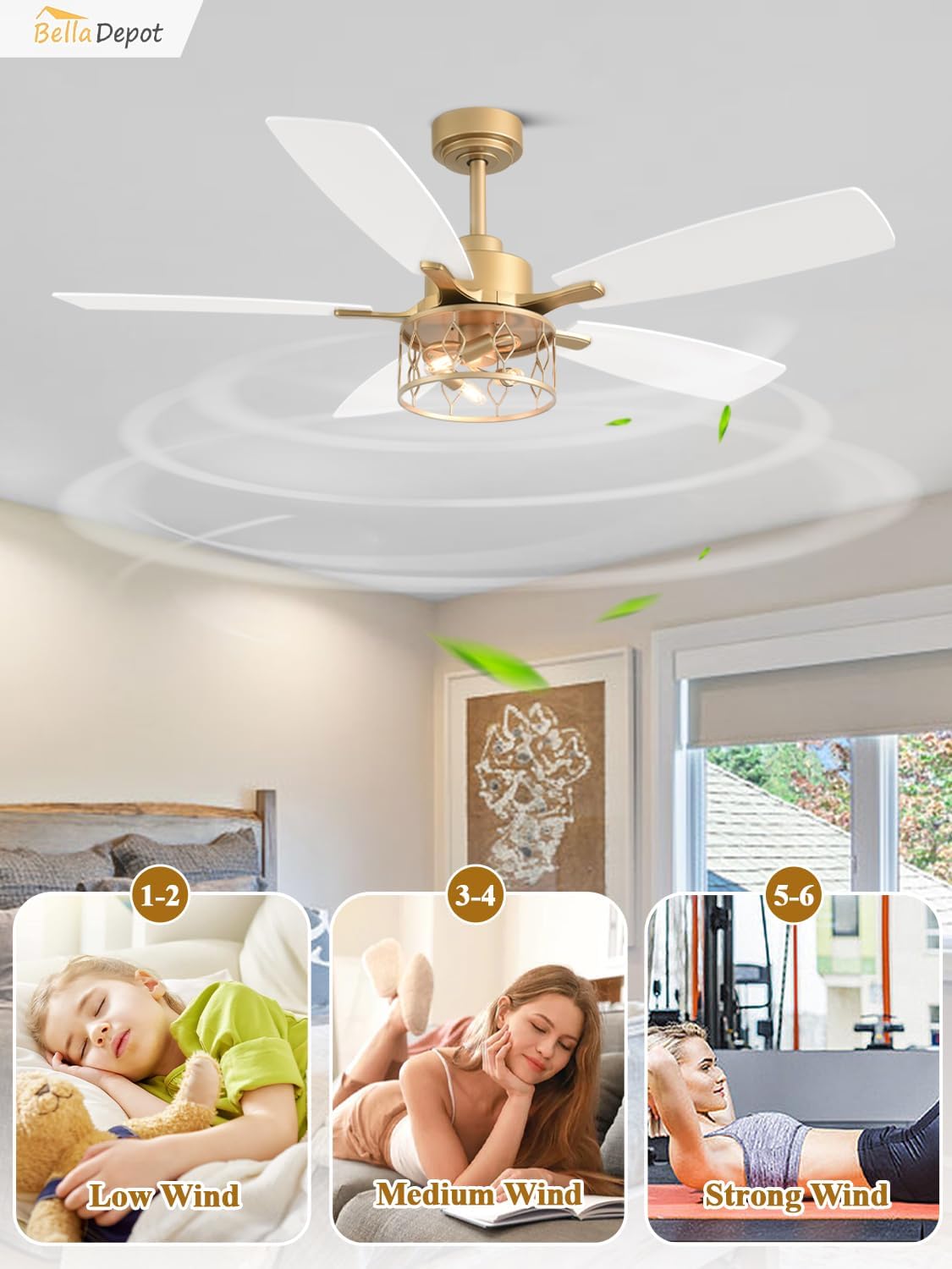 Bella Depot 52" Gold Ceiling Fan with Light, Caged Chandelier Fan with Light Remote, Farmhouse Rustic Indoor Fandelier with Silent Motor for Living Room Bedroom(Bulbs not Included) (Gold, 52")