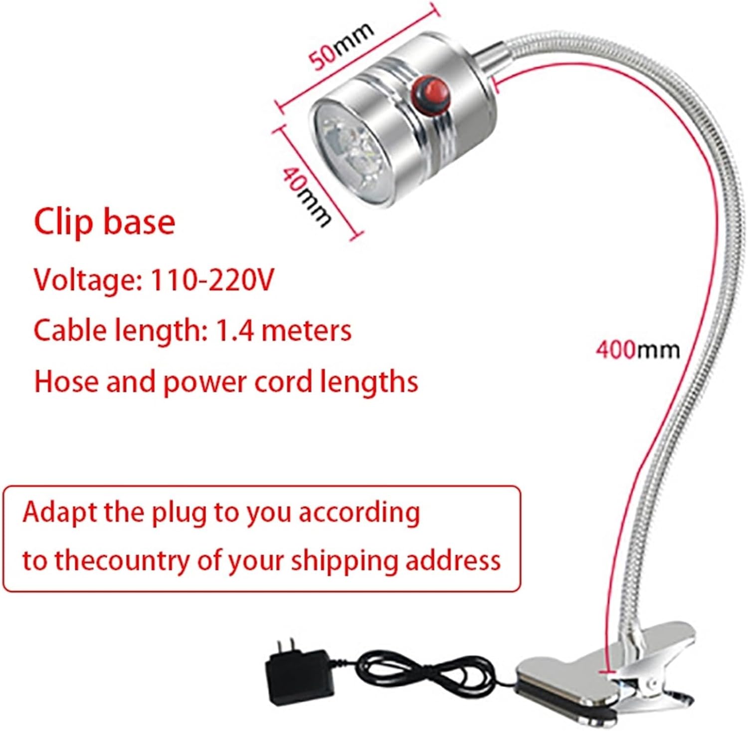 1pcsWork Light Super Bright Clear Lighting 110-220V 5W LED Adjustable Neck Fixed Base Light Can Be(Clip Base,3W)