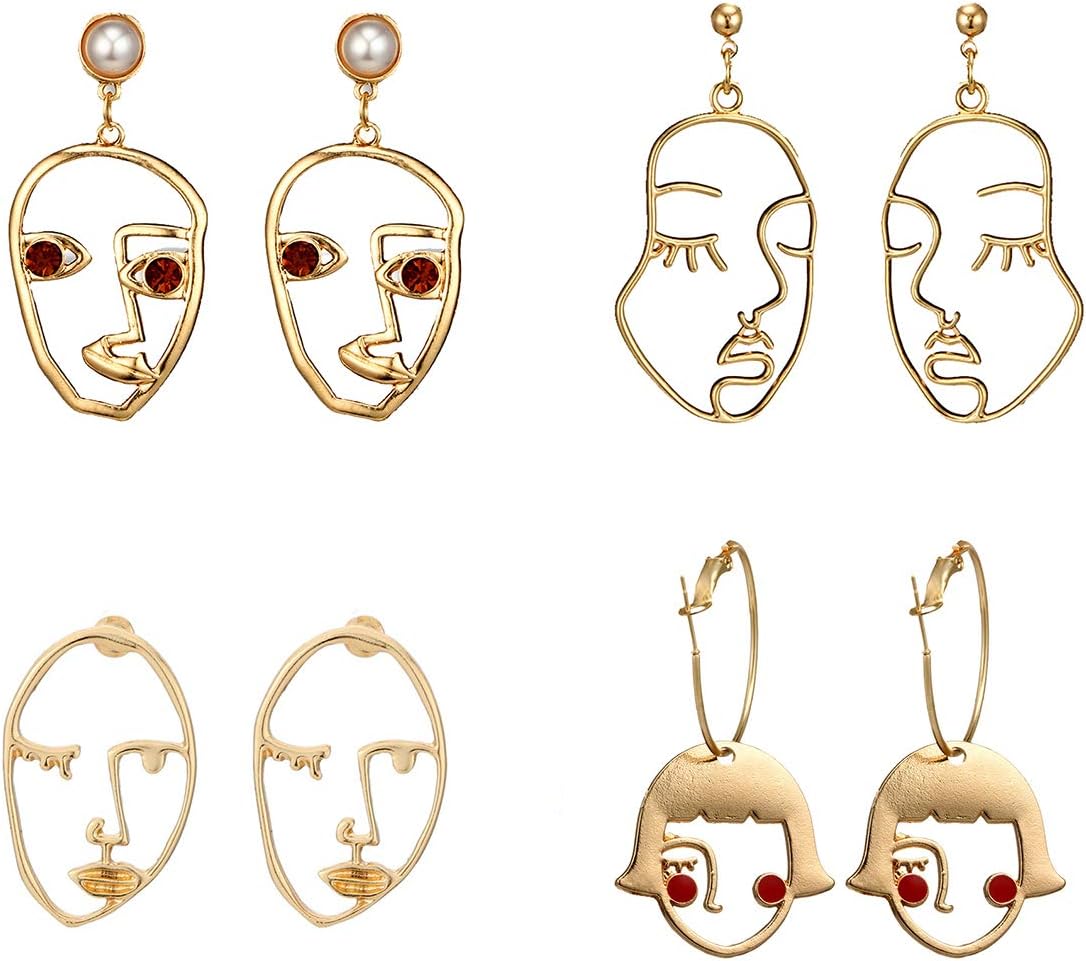 4 Pairs Human Face Design Earrings Dangle Stud Earrings Hollow Out Charms Hoop Earrings