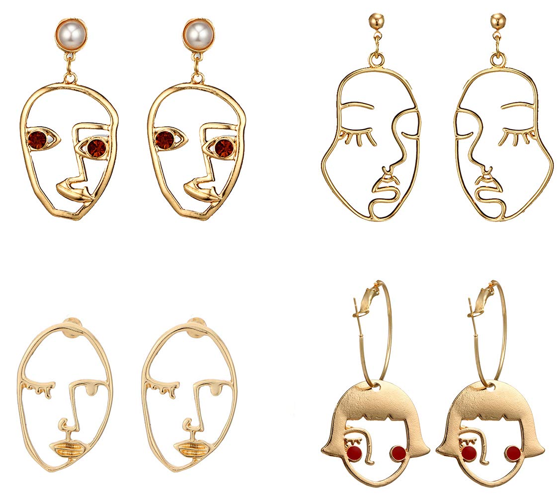 4 Pairs Human Face Design Earrings Dangle Stud Earrings Hollow Out Charms Hoop Earrings