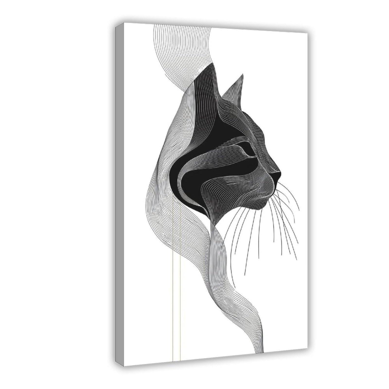 Jfecth Frame-Style Stylized Black And White Cat Profile Poster Canvas Poster For Dorm Room Decor Gift