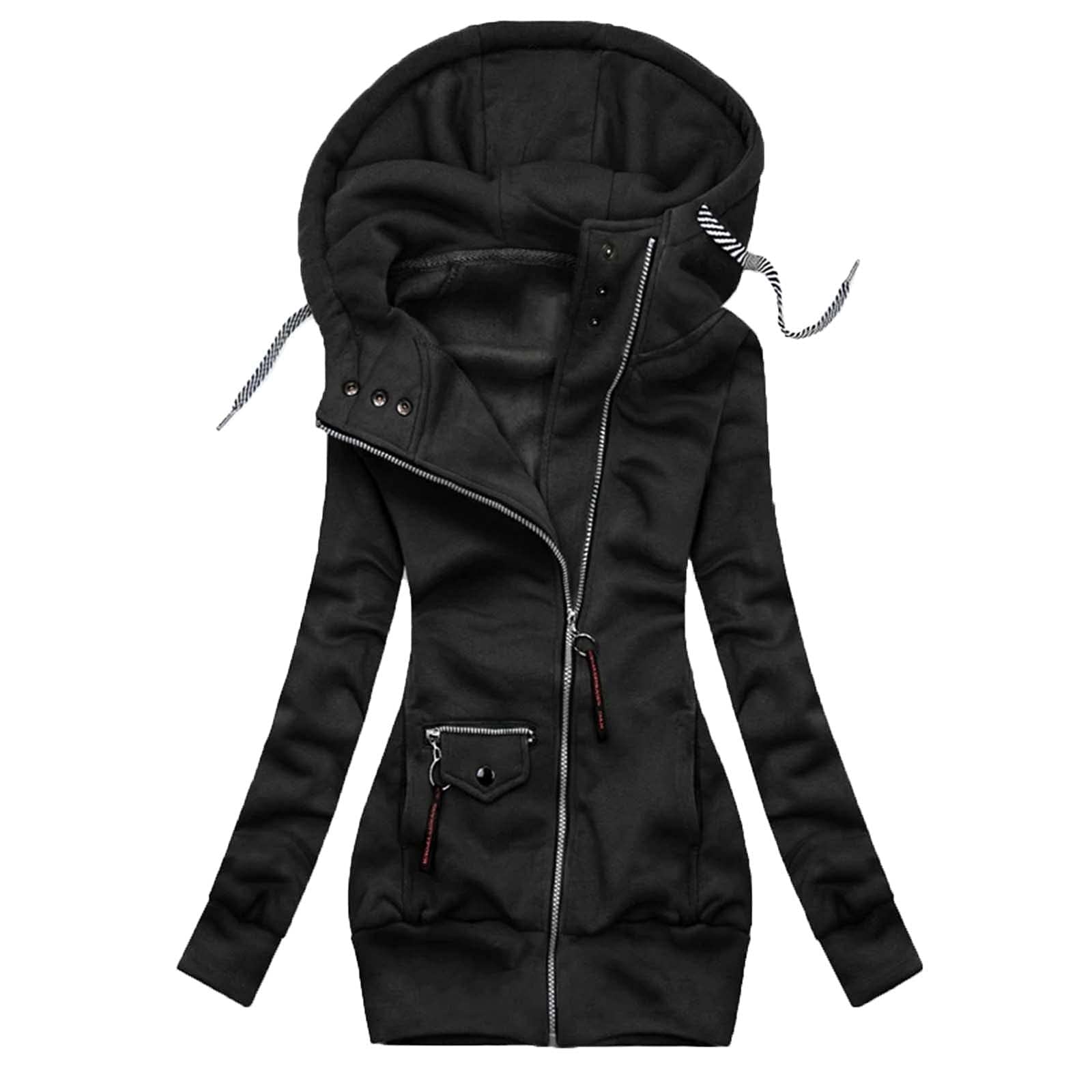 Generisch Kapuzenjacke Damen Lang Schlanker Rollkragen-Kapuzenpullover Wintermantel Mit Reissverschluss Winterjacke Mit Taschen Damenmantel Einfarbig Damen-Jacken Langarm Übergangsjacke Locker Casual