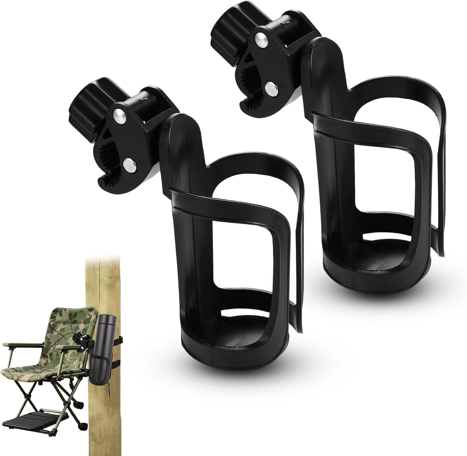 2pcs Tree Stand Cup Holder for Hunting, Easy Clamp on Tree Stand or Climbing Sticks No Drilling 360° Rotation Bottle Holder Essential Hunting Gear Accessories (Black)