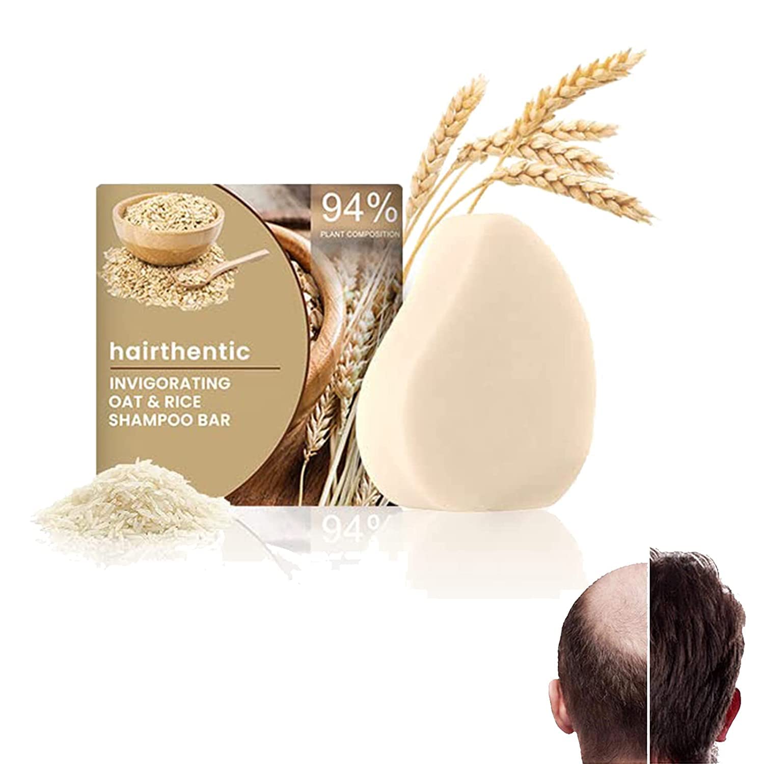 Hairthentic Invigorating Oat & Rice Shampoo Bar, Oat & Rice Shampoo Bar Moisturizing Shampoo Stick, Anti-Hair Loss Rice Shampoo Bars for Hair Growth, 60g