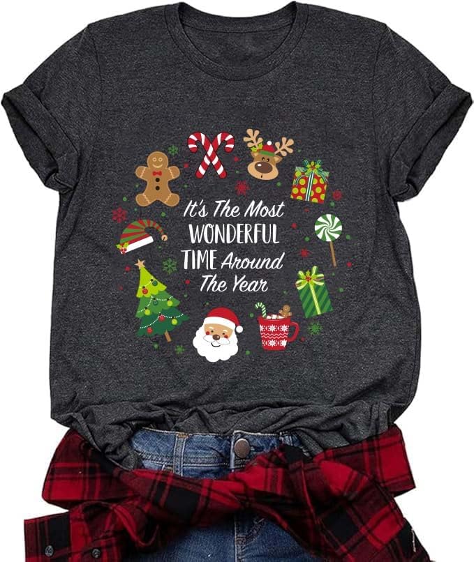Christmas Shirts for Women Ugly Xmas Hawaiian Holiday Tshirts Merry and Bright Graphic Short Sleeve Tee Tops