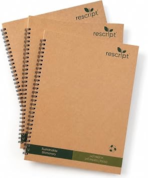 rescript A4 Spiral Notebook Lined 3 Pack, Ruled A4 Notebooks 200 Pages Spiral Bound, Recycled Note Books and A4 Notepad Multipack for School, College and Work, Off White Unbleached Paper