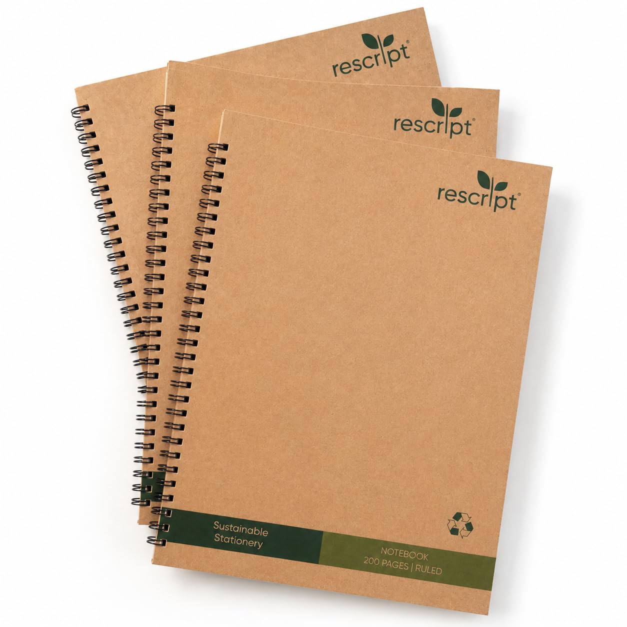 rescript A4 Spiral Notebook Lined 3 Pack, Ruled A4 Notebooks 200 Pages Spiral Bound, Recycled Note Books and A4 Notepad Multipack for School, College and Work, Off White Unbleached Paper