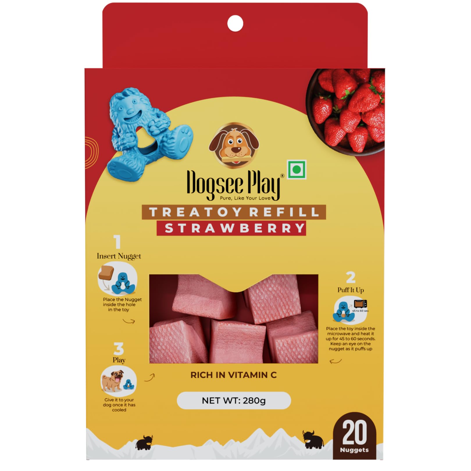 Dogsee Treatoy Toy Strawberry Refill Pack 280g | Himalayan Yak Cheese Chew Nuggets | Great for Oral Hygiene | No Odor, No Mess