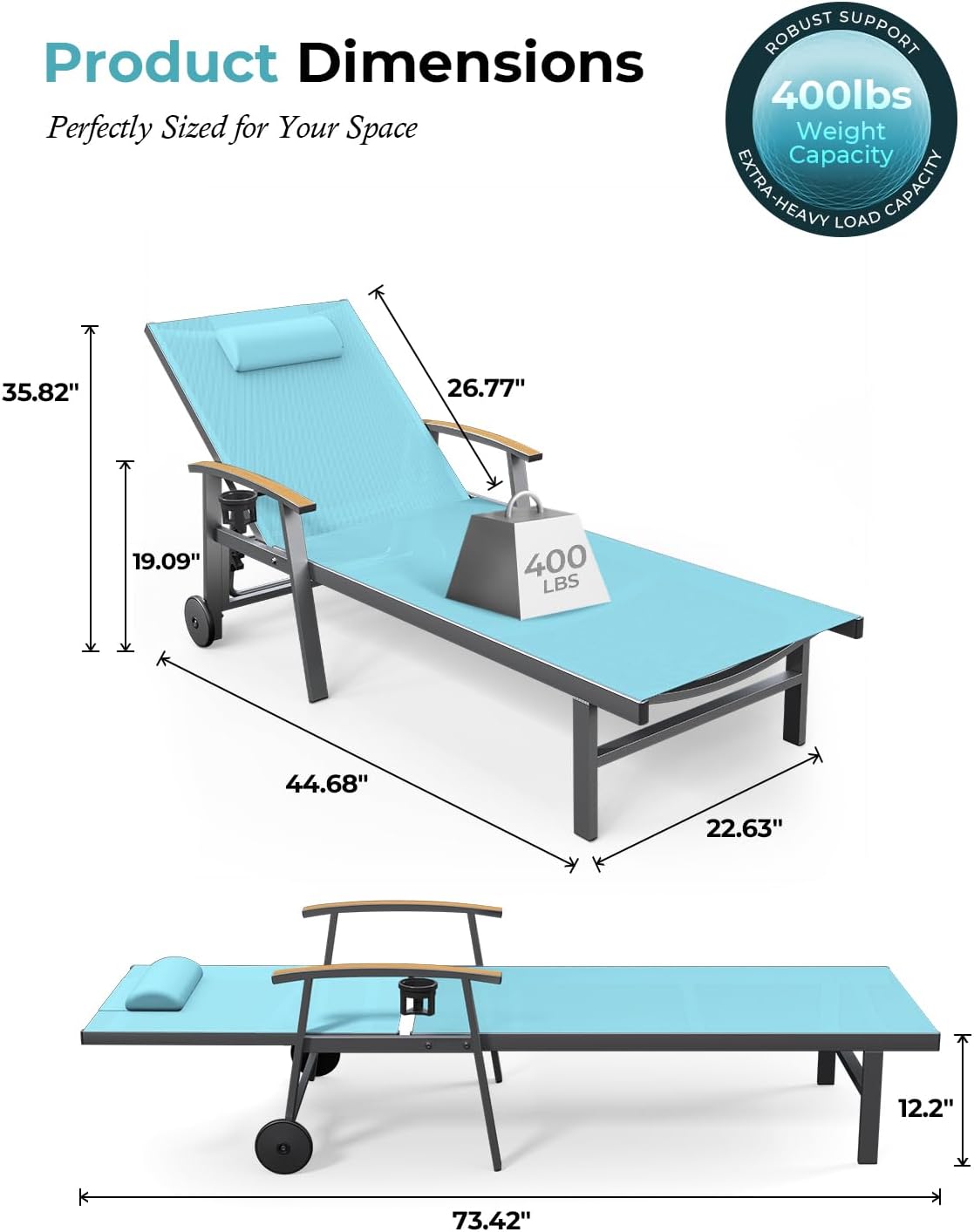 Ciokea Outdoor Lounge Chair with Pillow, 5-Position Chaise Lounge with Wheels & Armrests, 400 lbs Heavy Duty Aluminum Pool Lounger for Beach, Deck, Backyard & Poolside, Lake Blue