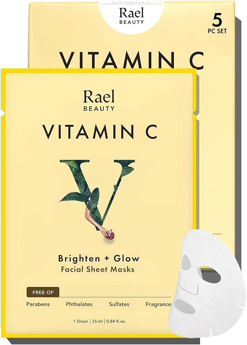 Rael Facial Masks Hydrating & Soothing Skincare Daily Beauty Essentials | Pomegranate, Fig & Citrus Fruit Extract Serum, Glowing Skin, Bamboo Sheets, Korean Skin Care, All Skin Type (Vitamin C, 5 Ct)