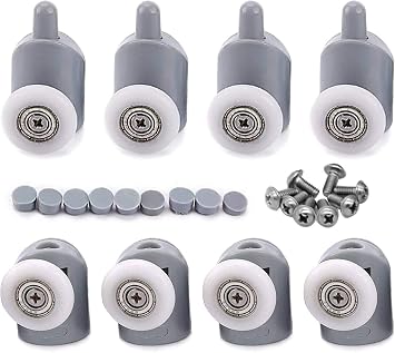 Queta 8Pcs x Shower Door Rollers4xtop+4xbottom+Screw+Cover Caps, Shower Door Rollers / Runners / Wheels / Pulleys/Guides 23Mm Diameter , Ultra-Quiet Home Bathroom DIY Replacement Parts