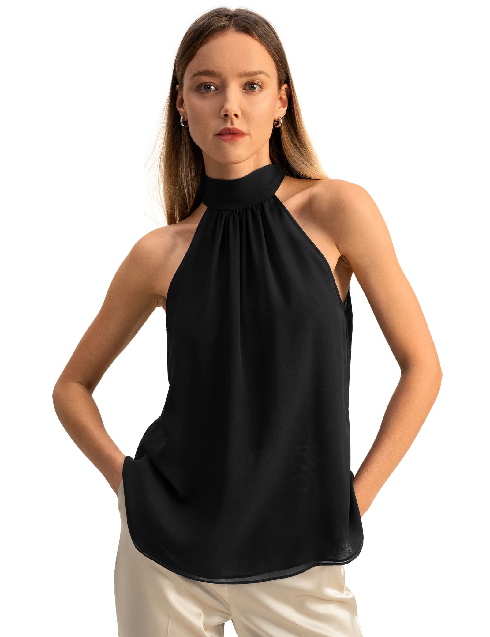 LilySilk Damen-Bluse aus Reiner Seide, Elegantes, ärmelloses Neckholder-Oberteil aus Georgette für Frühlings- und Sommerarbeiten, lässige Partys