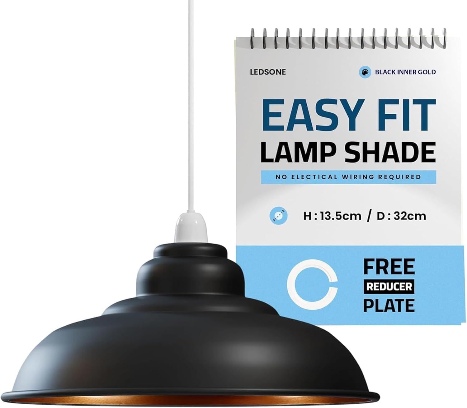 LEDSONE Industrial Lampshade Metal Black Inner Gold 32cm Easy Fit with Reducer Plate Modern Hanging Pendant Light Shade for Bedroom, Hallway, Office, Kitchen, Dining Room, Cafe, Bar, Restaurtant