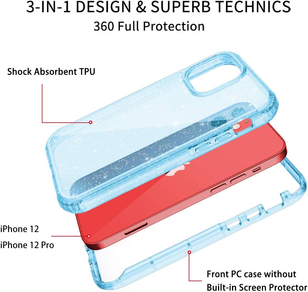 Hekodonk Compatible with iPhone 12 Case iPhone 12 Pro Case,Clear Design Glitter TPU Bumper Protective Silicone Shockproof Flexible Anti-Scratch Cover for Apple iPhone 12/12 Pro 6.1 2020 Bling Blue