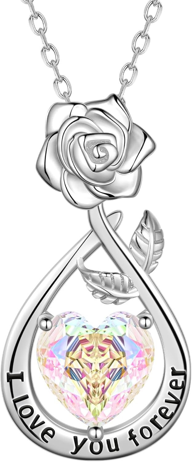 Aurora Tears Birthstone Rose Pendant Necklace - 925 Sterling Silver Rose Cut Heart Cubic Zirconia Love Infinity Drop Necklace Anniversary Birthday Jewelry Gift for Women Wife Mom Daughter
