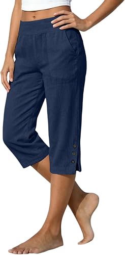 Capris For Women With Pockets Baggy Wide Leg Cropped Pants Womens Cotton Linen S