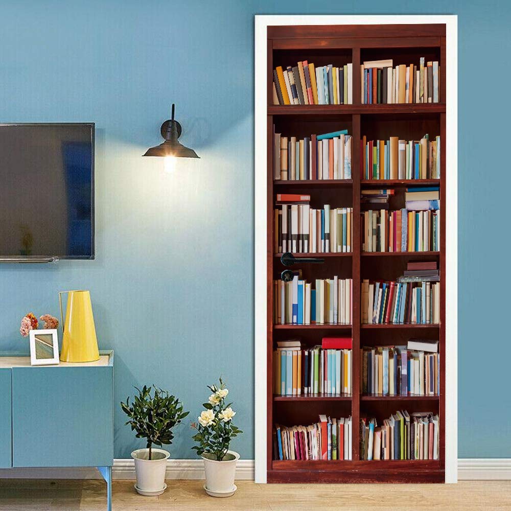 Sticker de porte bibliothèque vintage trompe l'oeil 90x200cm papier peint étagère amovible