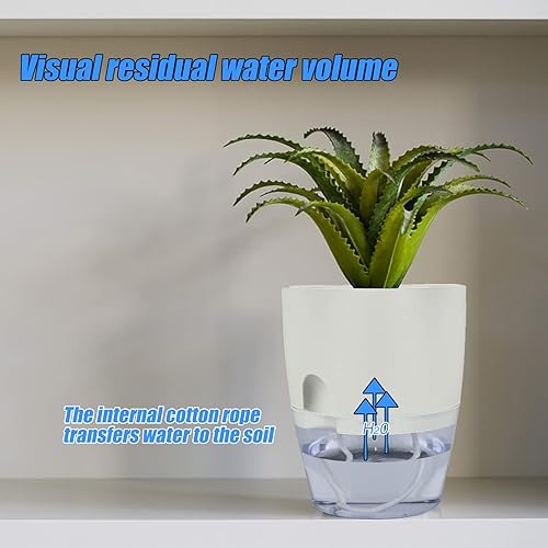 Miniatura 4 de 6 Inch Self Watering Planter,3 Pack Indoor Plants Flower Pots Outdoor with Wick Rope-White (White)