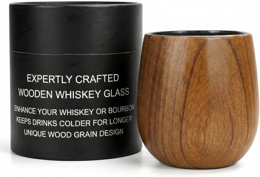Charred Wooden Bourbon Drinking Glass - Set of 2 | Handcrafted Oak Tumbler Gift for Men | Premium Tasting Cups for Scotch & Old Fashioned | Unique Present for Husband & Dad