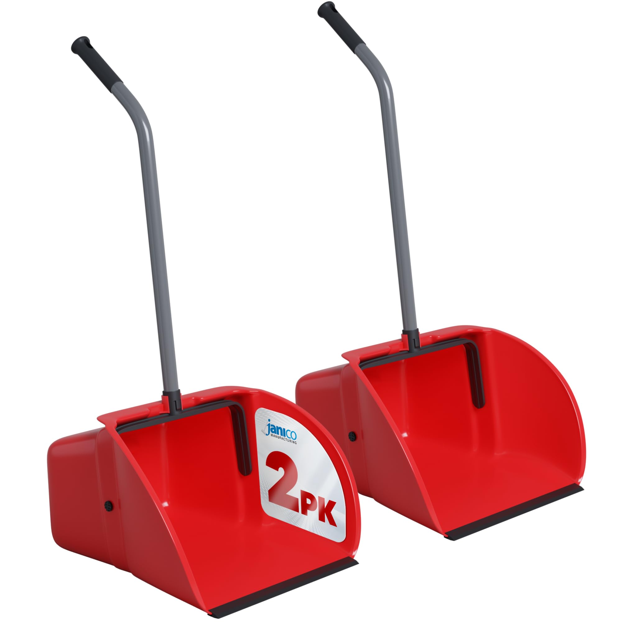 janico tall commercial dust pan with handle  2 pack  indooroutdoor heavy duty large upright standing dust pans with long handle  12-inch wide plastic stand up lobby dustpan only with broom clip