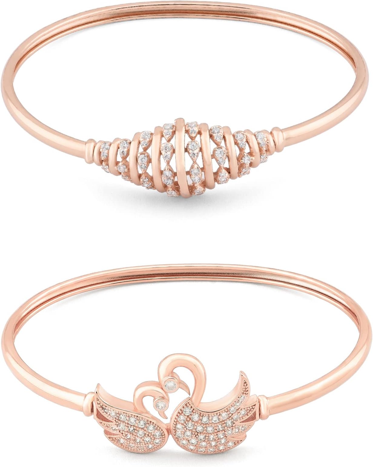 Set of 2 Rose Gold Cubic Zirconia Contemporary Brass Kada Bracelets For Women-ZPFK13376