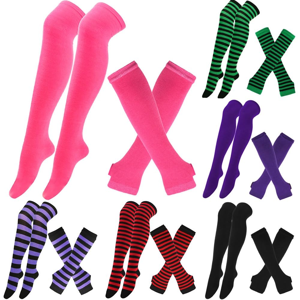 Striped Overknee Socks and Fingerless Gloves Set for Women Girls Long Stockings, Arm Warmers for Cosplay Striped Knee Socks - Image 3