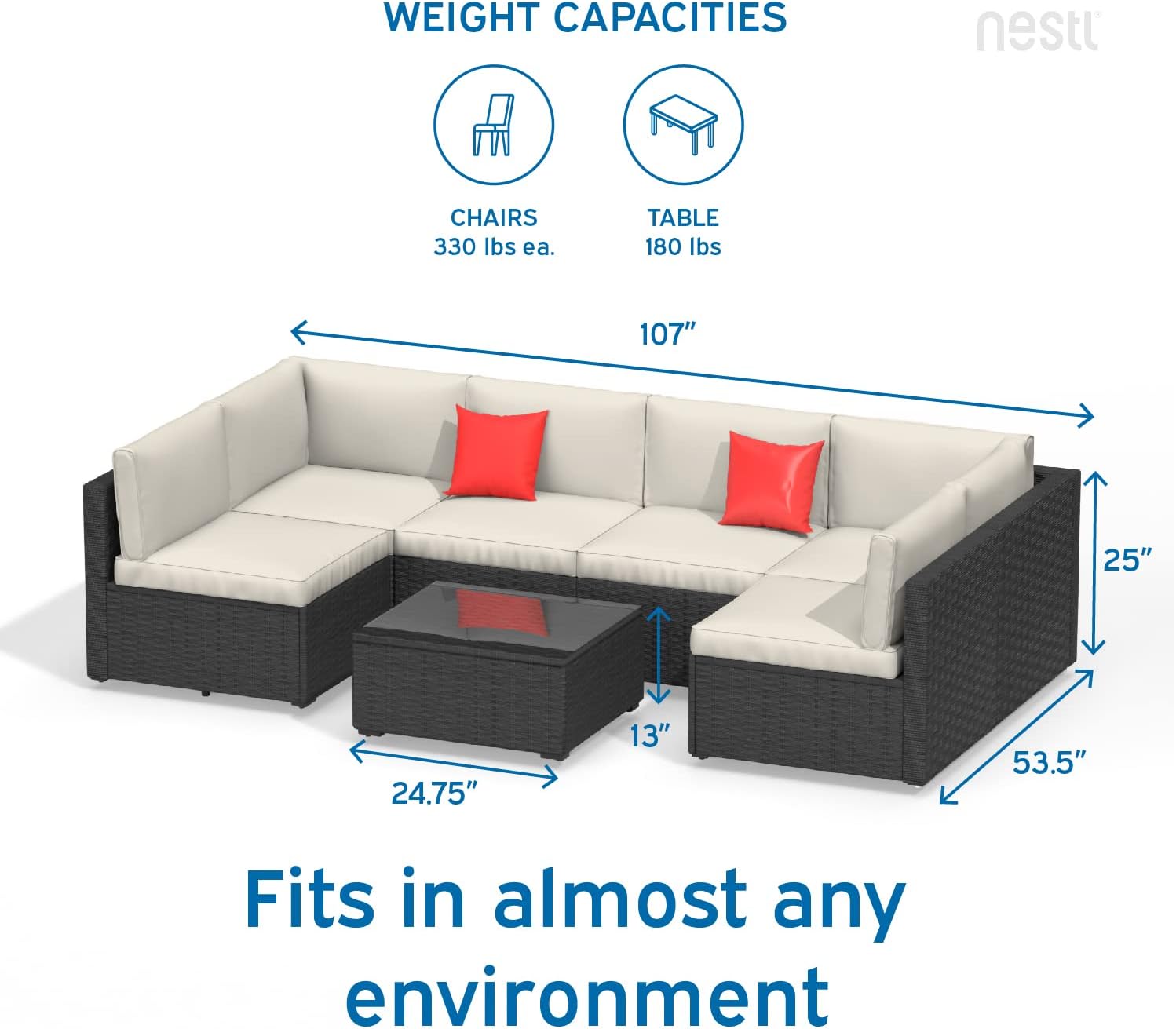 Nestl Patio Furniture Set 7 Piece Outdoor Conversation Set with Black Wicker Sectional and Off White Cushions