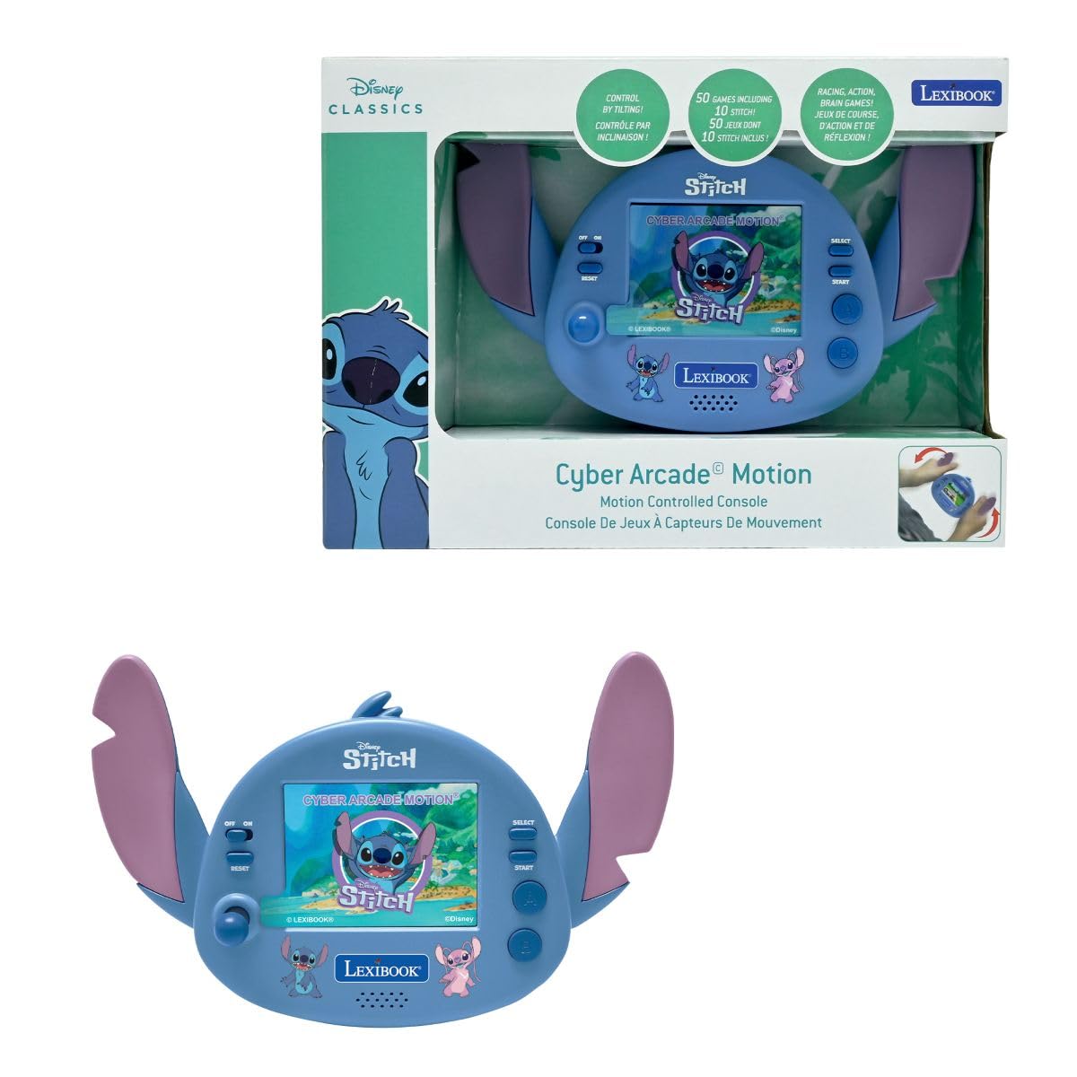 Lexibook, Disney Stitch, kompaktowa przenośna konsola cyber arcade, 50 gier, kolorowy ekran LCD, zasilanie bateryjne, JL3180DLXB