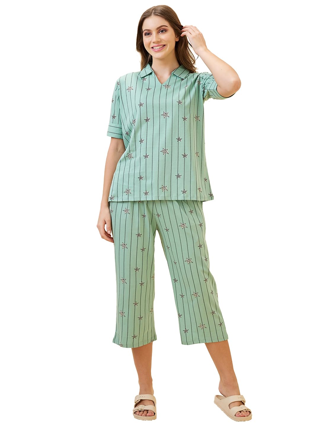 av2 Women's Cotton Printed Round Neck Short Sleeve Night Suit Set of Culottes Capri Pant | Capri Set | Casual Night Dress for Women -2910-picture-54