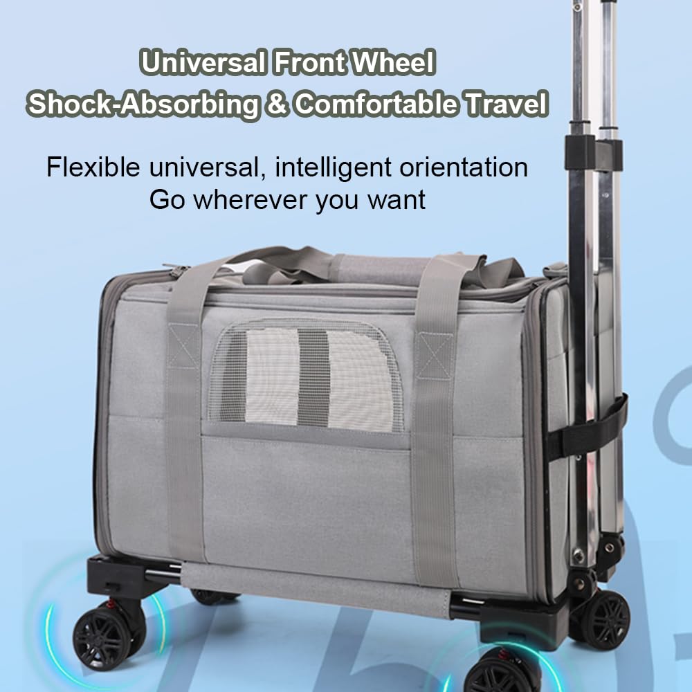 Bolso Transportador para Mascotas con Ruedas, Transportín Desmontable con Asa Telescópica y Correa para EI Hombro, Ideal para Perros y Gatos Pequeños, para Viajes (Gris con Bordes Azules)