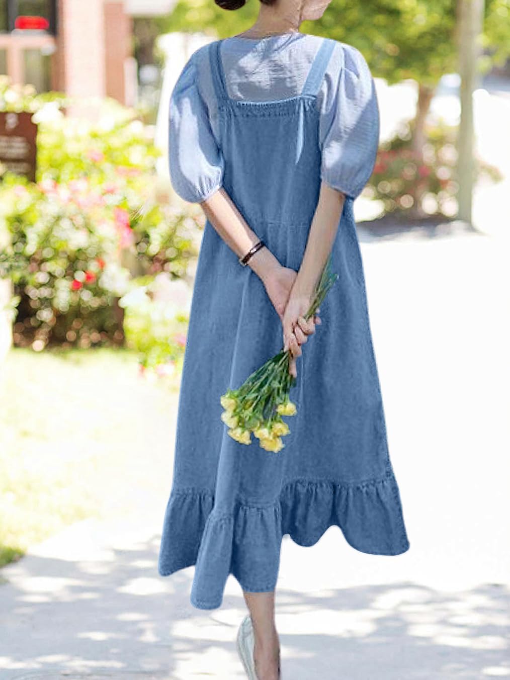 chouyatou Women's Y2K Cute Ruffle Denim Overall Jean Dress Distressed Flared Maxi long Bib Jumper Dress - Image 5