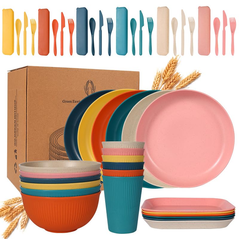 48Pcs Camping Dinner Set for 6 People, Unbreakable Tableware Picnic Dinner Set, Lightweight Plastic Plates Bowls Cups Set, Camping Plate and Cutlery Set for Picnic, BBQ, Party, Campervan