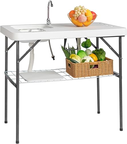 Miniatura 5 de Mesa plegable de limpieza de peces con cuencas de agua, mesa de filete resistente, estación portátil para fregadero de campamento al aire libre para