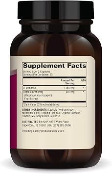 Dr. Mercola D-Mannose and Cranberry Extract, 1,000 mg D-Mannose & 400 mg Cranberry per Serving, Urinary Tract Health Supplement, Non-GMO, Gluten-Free, Soy-Free, 60 Capsules