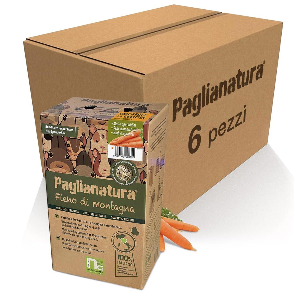 Paglianatura Kit de 6 pièces - Distributeur de Foin Straw Mountain 600 GR avec Carottes Naturelles - Accessoire pour Lapins, rongeurs et Petits Animaux | Alimentation Saine et écologique