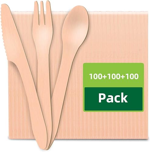 Juego de cubiertos de madera desechables de 100 cucharas + 100 tenedores + 100 cuchillos, boda, Navidad, fiesta de cumpleaños, cubiertos de madera