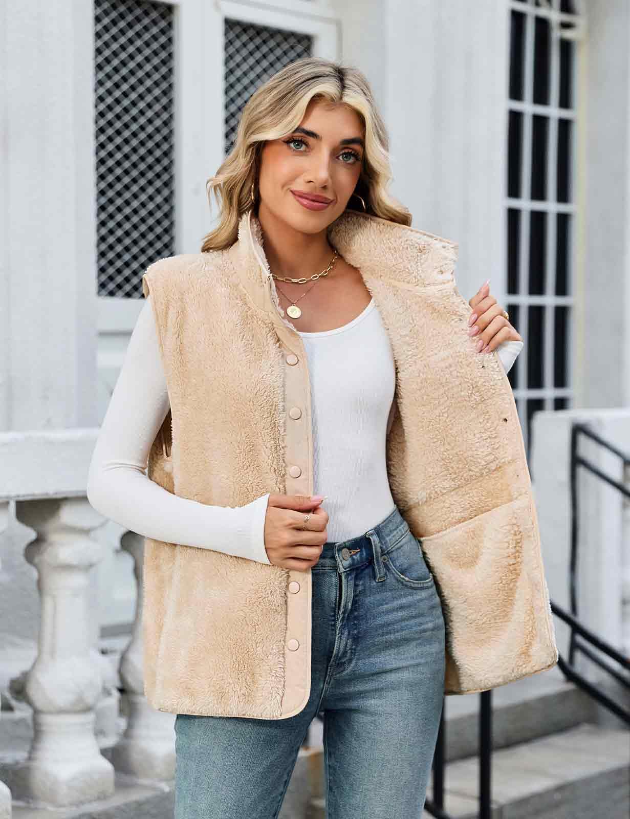 heekpek Gilet Donna Smanicato in Pile Teddy con Tasche