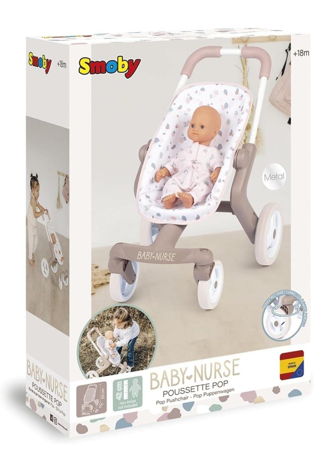 Smoby 251218 - Baby Nurse buggy Pop – wózek dla lalek w stylu dla lalek do 42 cm; dla dzieci od 18 miesięcy