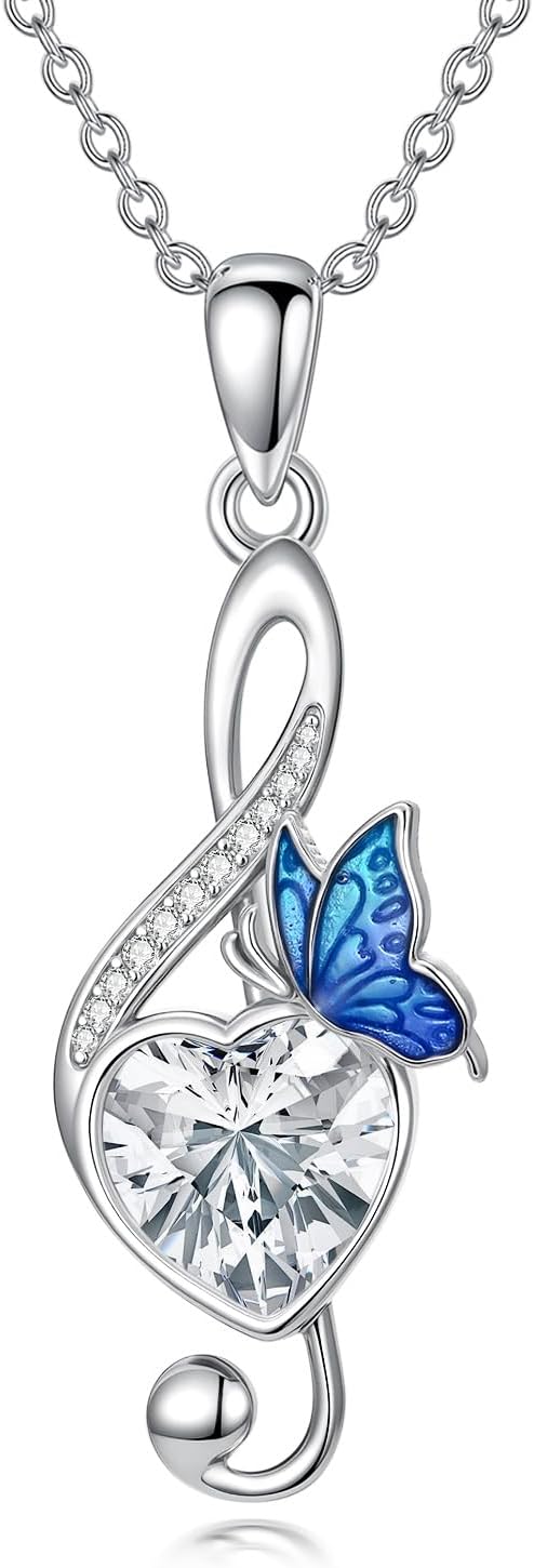 Music Note Birthstone Necklace S925 Sterling Silver Butterfly Treble Clef Pendant Necklace Birthday Christmas Jewelry Gifts for Women Musician Music Lovers