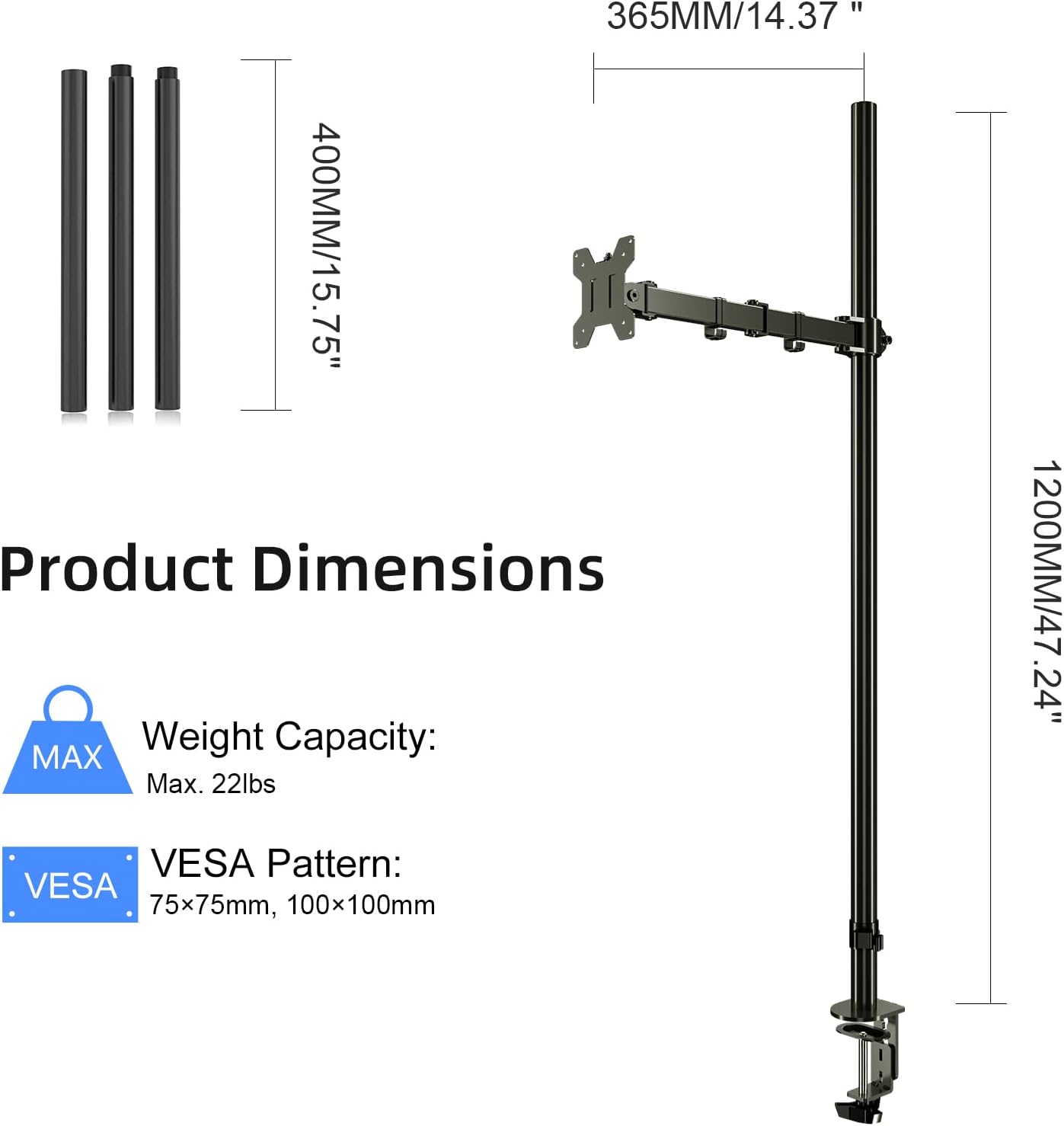 Diagram showing product dimensions, weight capacity, and VESA pattern
