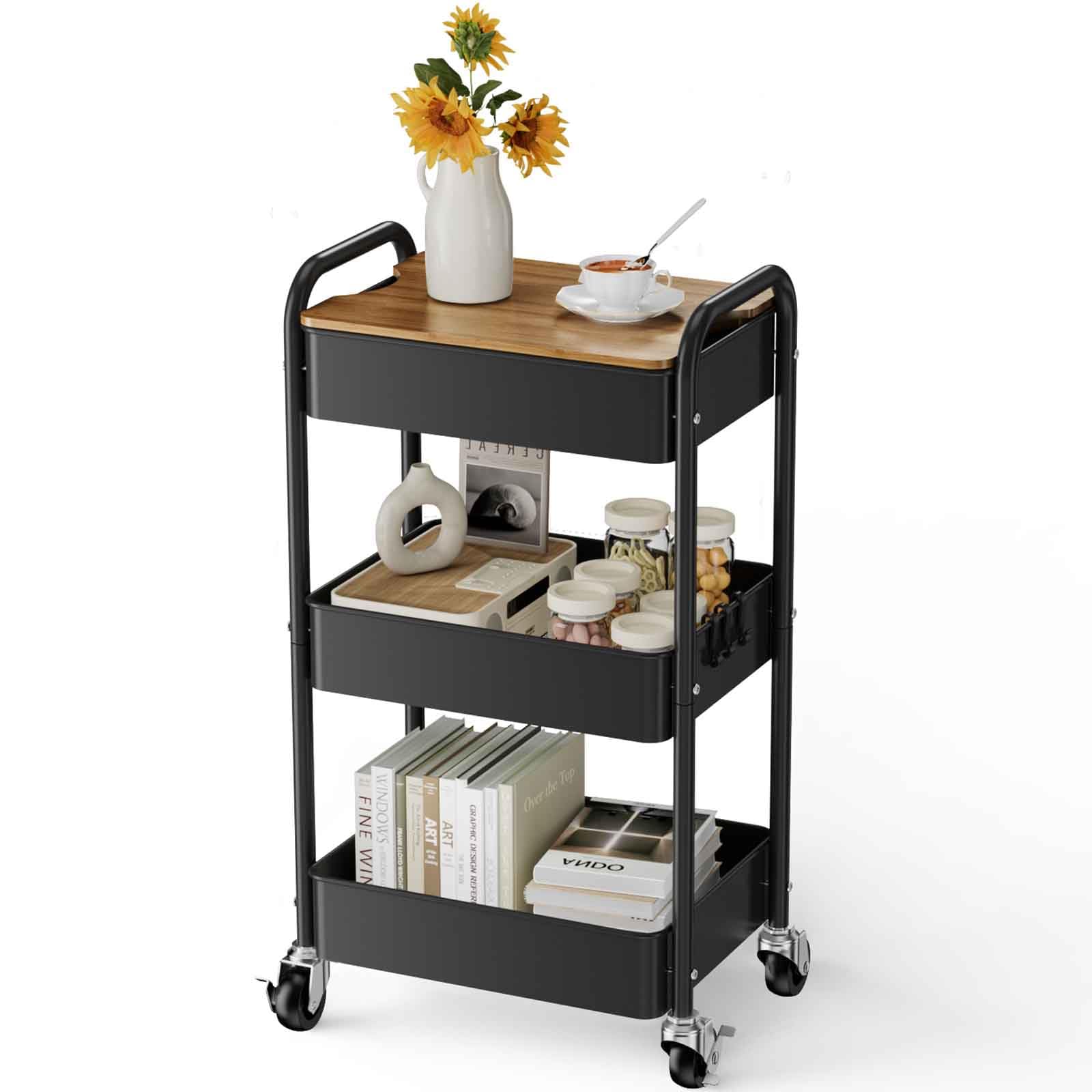 Carrito con Ruedas de 3 Niveles con Mesa, Carrito de Servir, Carrito Multiusos de Metal, Estante con Ruedas, Organizador, Estante de Cocina, Carrito Multiusos Estable para Cocina(Negro)