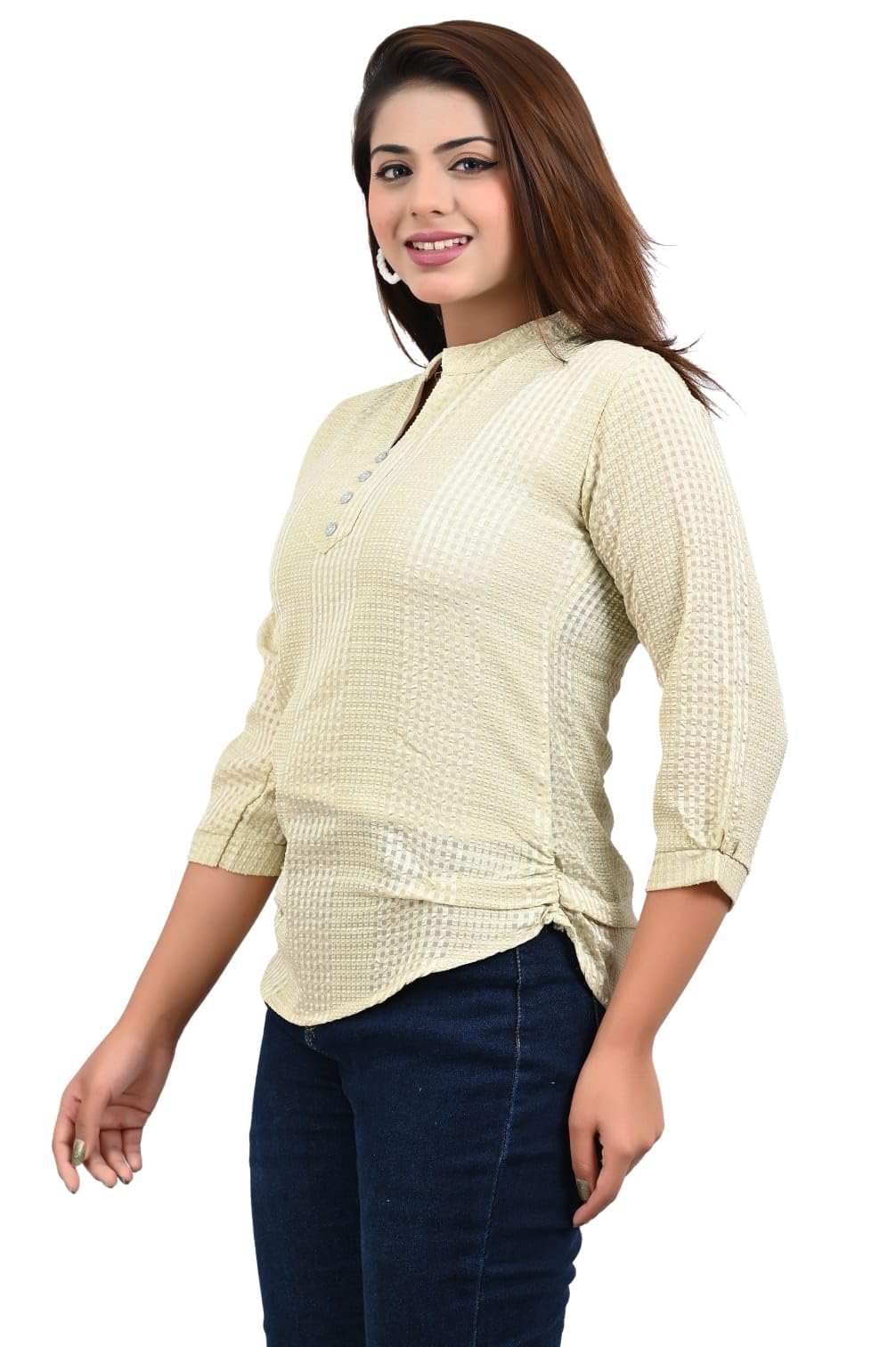 FELLAMO Checked 3/4 Sleeves Band Coller Top-127 Yellow-S 2